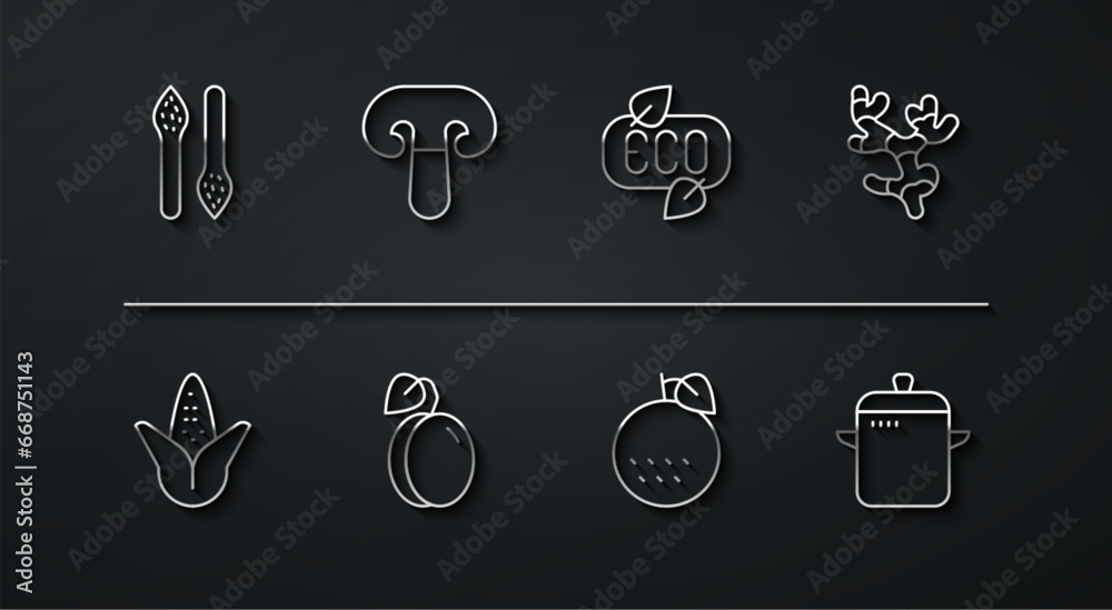Set line Asparagus, Corn, Ginger root, Orange fruit, Plum, Mushroom, Cooking pot and Leaf Eco symbol icon. Vector Set line Asparagus, Corn, Ginger root, Orange fruit, Plum, Mushroom, Cooking pot and Leaf Eco symbol icon. Vector