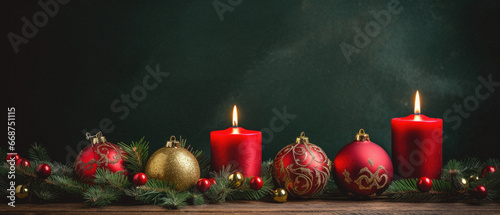Christmas table setting with festive decorations on wooden background with copy space.
