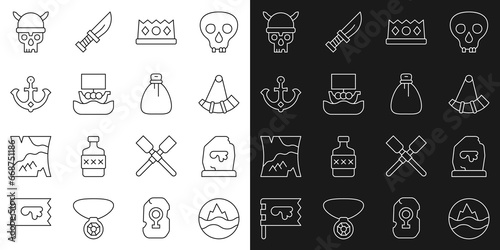 Set line Sea and waves, Magic rune, Hunting horn, King crown, Viking ship Drakkar, Anchor, Skull with viking helmet and Old money bag icon. Vector