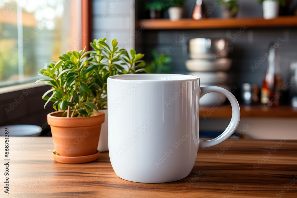 Mockup of a white coffee mug in a cafe, next to potted plants and on a blurry background. Overlays of custom quotes and designs for the sale of mugs