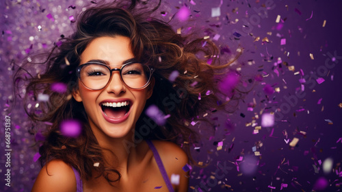 Laughing woman wearing glasses with confetti background - ai generative