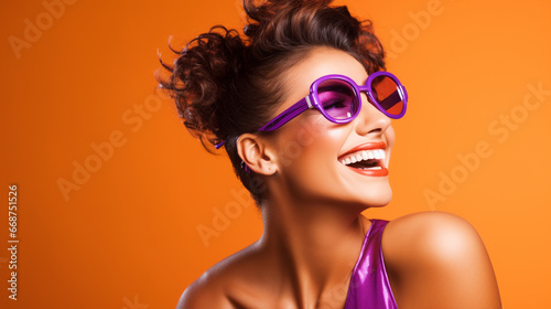 Laughing woman wearing goggles on yellow isolated background - ai generative