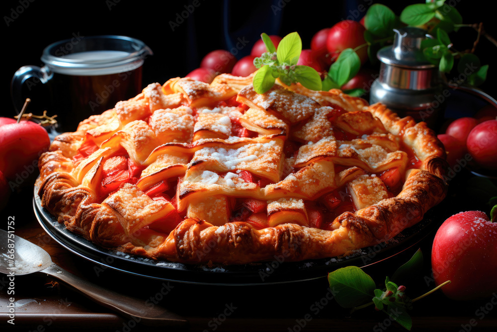 Delicious apple pie on the table surrounded by red apples