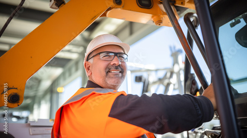 Male middle aged operator driving heavy equipment on construction building site, wearing safety helmet. 