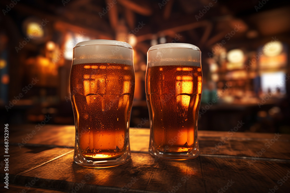 Close up shot of two beer mugs  nonic pint glasses  conical pint glasses  tulip glasses filled with draft light beer placed on the wooden table.at a restaurant or pub. Generative AI.