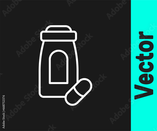 White line Sedative pills icon isolated on black background. Vector