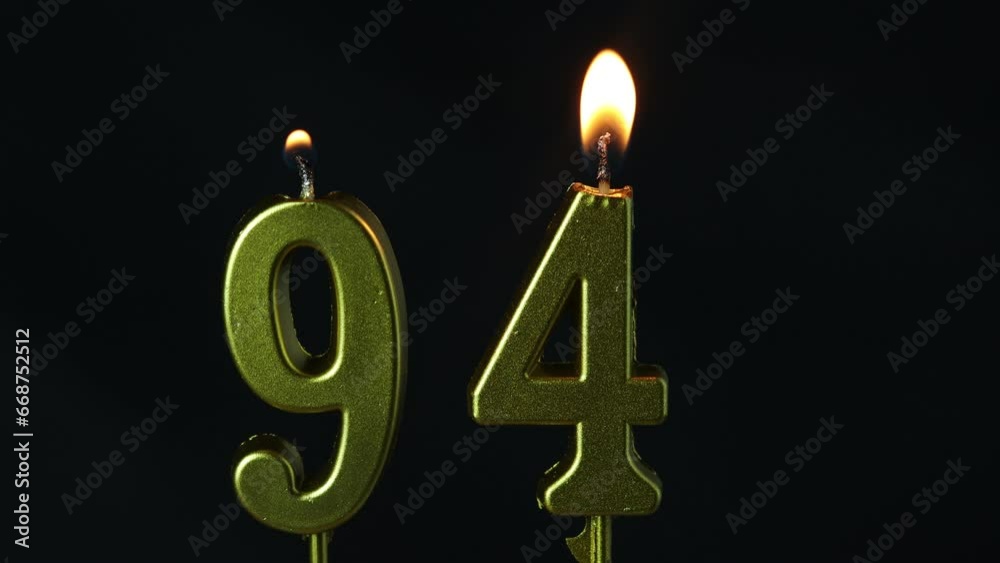 close up on gold number ninety-fourth birthday candle on a dark background.
close up on gold number ninety-fourth birthday candle on a dark background.