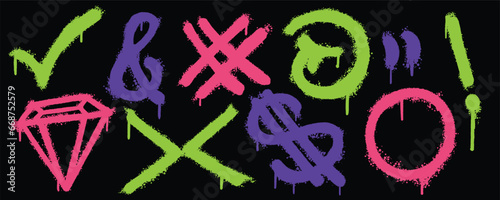 Set graffiti color spray paint. Collection of tick, hastag, dollar, arrow, diamond Isolated Vector