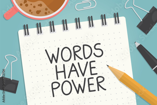 words have power text on a spiral notebook, flat lay composition - vector illustration