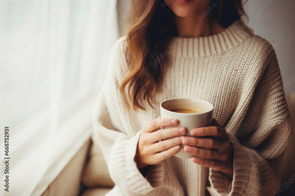 custom made wallpaper toronto digitalWoman in cozy sweater holding a big cup with coffee close up
