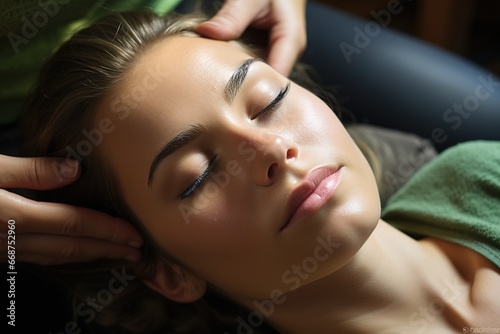 portrait of beautiful woman lying down and relaxing while being massaged. facial massage. health and wellness. generated with ia