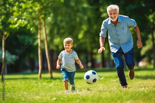 Happy family concept. Grandfather and grandson playing football together.