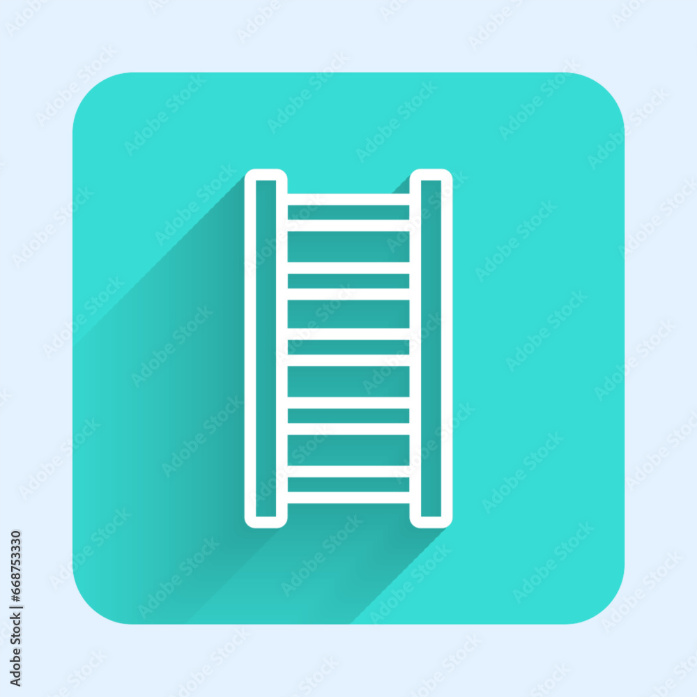 White line Fire escape icon isolated with long shadow background. Pompier ladder. Fireman scaling ladder with a pole. Green square button. Vector White line Fire escape icon isolated with long shadow background. Pompier ladder. Fireman scaling ladder with a pole. Green square button. Vector