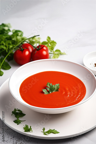 Bowl of hot tomato soup puree in white plate with ingredients on white background, copy space