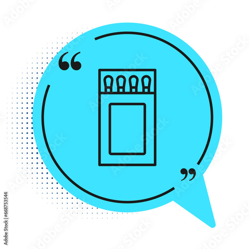 Black line Open matchbox and matches icon isolated on white background. Blue speech bubble symbol. Vector
