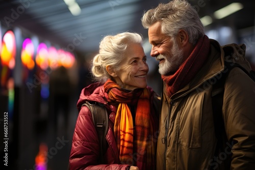 adult couple traveling. gray-haired couple. happy couple. copy space. generated with ia