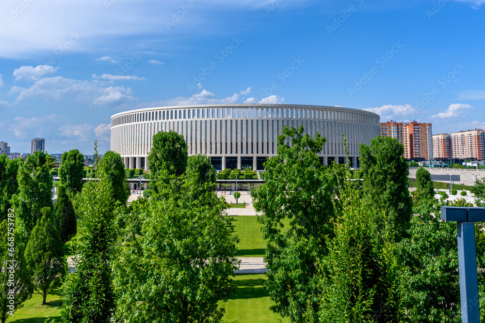 Krasnodar, Russia July 2, 2023: Krasnodar football club stadium, public landscape park Krasnodar or Galitsky park.