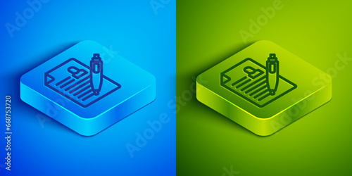 Isometric line Resume icon isolated on blue and green background. CV application. Searching professional staff. Analyzing personnel resume. Square button. Vector