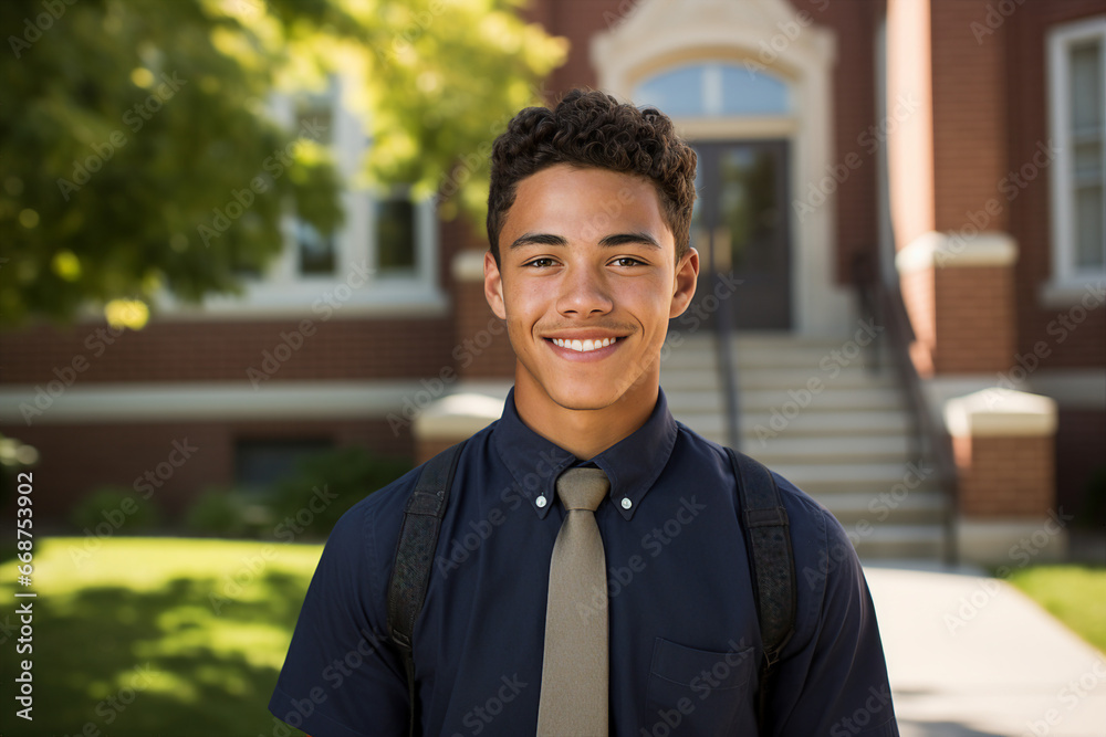 Generated by AI photography of happy handsome student going to college sunny september day Generated by AI photography of happy handsome student going to college sunny september day