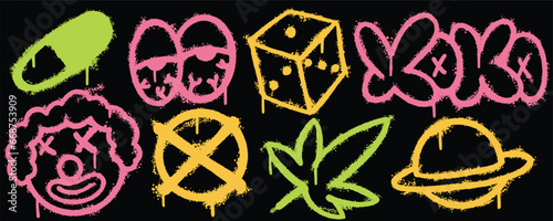 Set graffiti color spray paint. Collection of eyes, dice cube, planet saturn, weed Isolated Vector