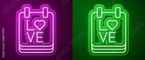 Glowing neon line Calendar with February 14 icon isolated on purple and green background. Valentines day. Love symbol. Vector