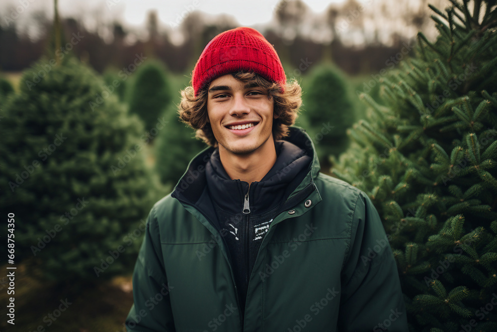 Generative ai technology portrait of attractive young student guy selling christmas tree newyear season fair Generative ai technology portrait of attractive young student guy selling christmas tree newyear season fair