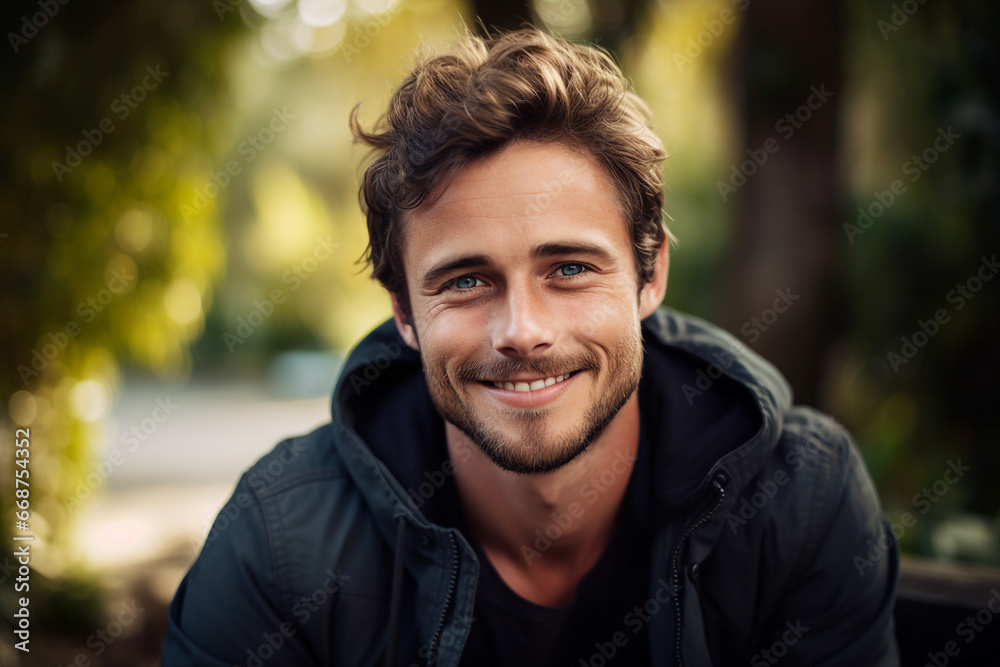 Generative ai technology portrait of young handsome man delighted summer weather great day Generative ai technology portrait of young handsome man delighted summer weather great day