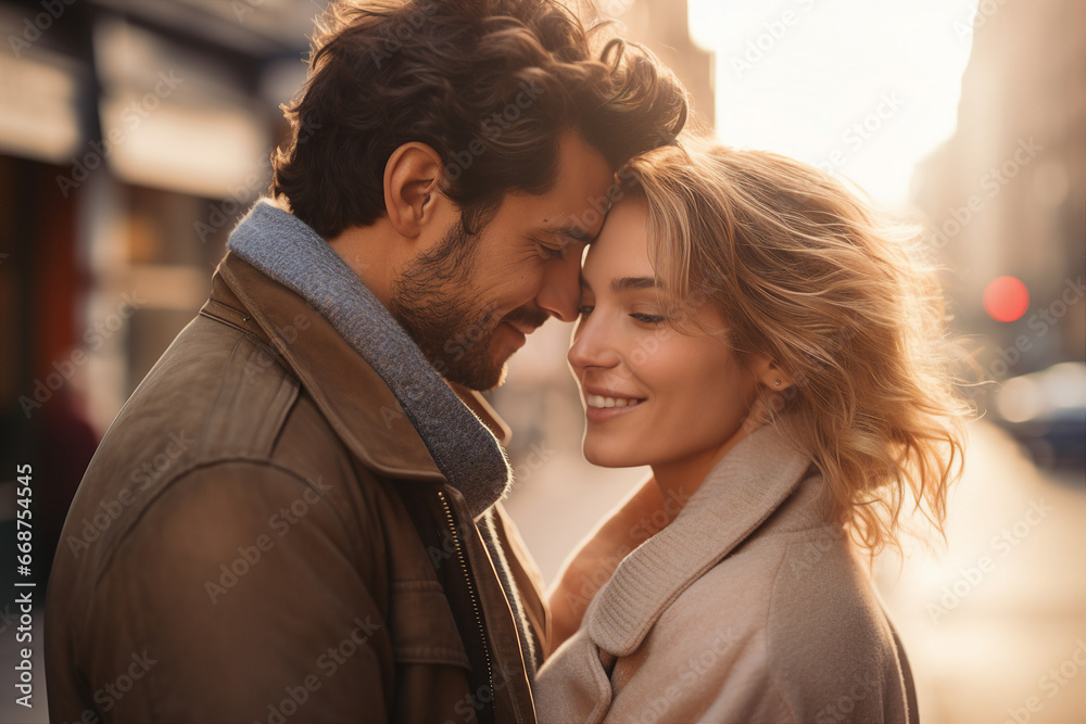 Picture made with generative AI of handsome man and charming girl in love walking together on an evening date Picture made with generative AI of handsome man and charming girl in love walking together on an evening date