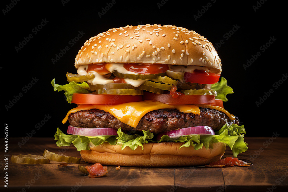 Big fastfood tasty restaurant burger hamburger cheeseburger Generative AI picture