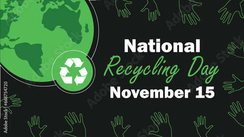 National Recycling Day  vector banner design with geometric shapes and vibrant colors on a horizontal background. Happy National Recycling Day modern minimal poster.