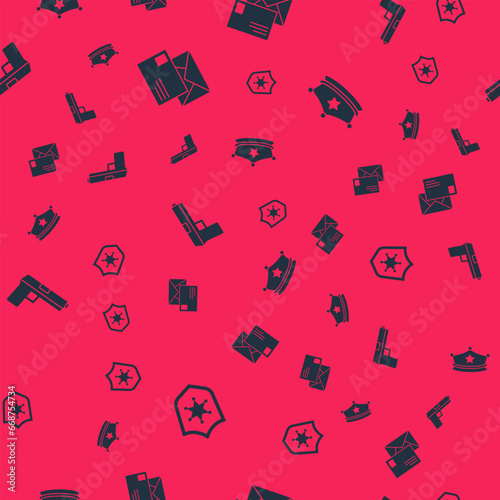 Set Police badge, Envelope, Pistol or gun and cap with cockade on seamless pattern. Vector