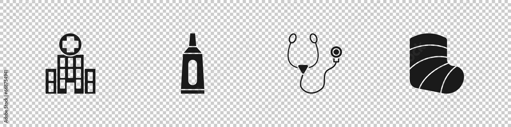 Set Medical hospital building, Ointment cream tube medicine, Stethoscope and Gypsum icon. Vector Set Medical hospital building, Ointment cream tube medicine, Stethoscope and Gypsum icon. Vector