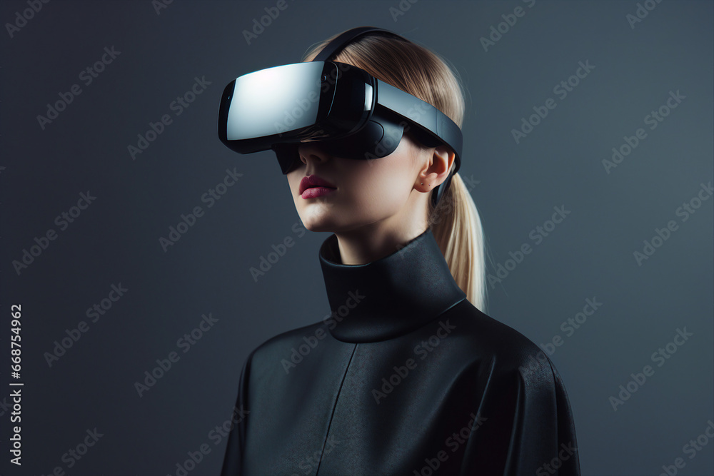 Portrait of amazed young boy in vr headset explores the metaverses virtual space generative ai concept