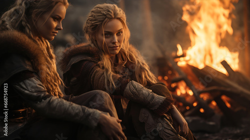 vikings seated in front of a fire, close - up