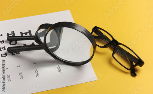 Billede på lærred Eye tast list with magnifying glass and eyeglasses on yellow background