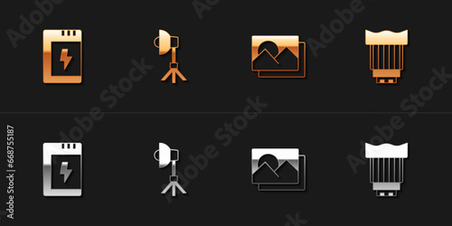 Set Battery for camera, Softbox light, Photo frame and Camera photo lens icon. Vector