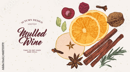 Mulled wine recipe sheet, culinary illustration, hot drinks menu, hand drawn mulled wine ingredients