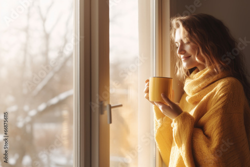  Portrait of happy young woman in cozy sweater holding a cup of hot drink and looking trough the window, enjoying the winter morning at home, side view photo