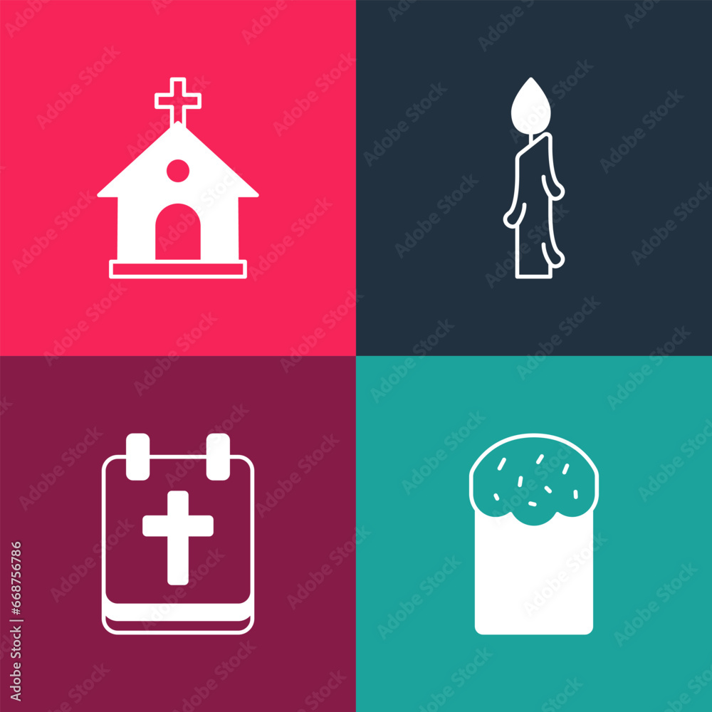 Set pop art Easter cake, Calendar with, Burning candle and Church building icon. Vector