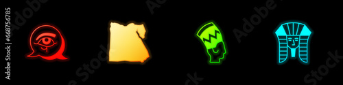 Set Eye of Horus, Map Egypt, Nefertiti and Egyptian pharaoh icon. Vector