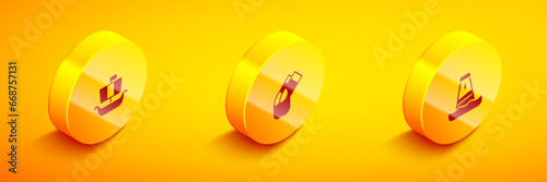 Set Isometric Viking ship Drakkar, Socks and Lighthouse icon. Vector