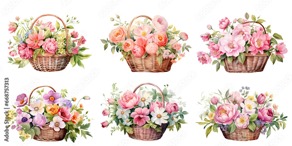 Watercolor of bouquet colorful spring flowers in wicker basket isolated ...