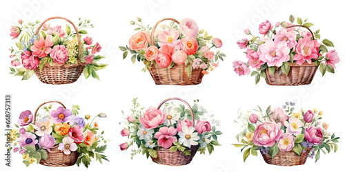 Watercolor of bouquet colorful spring flowers in wicker basket isolated on transparent png background, bouquets greeting or wedding card decoration, beautiful flowers inside buckets concept. #668757313