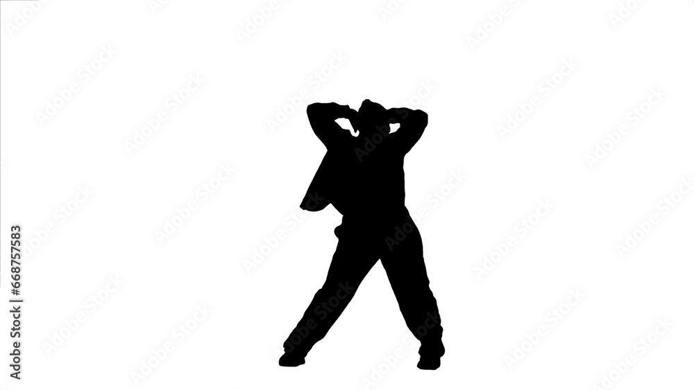 Black silhouette of a woman figure dancing jazz-funk on bright background in a studio. Modern dynamic and energetic dance choreography. Full length.