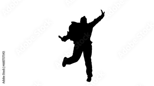 Black silhouette of a woman figure dancing jazz-funk on bright background in a studio. Modern dynamic and energetic dance choreography. Full length.
