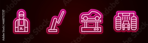 Set line Car mechanic, Windscreen wiper, Repair car on lift and wash. Glowing neon icon. Vector