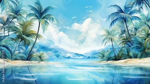 Abstract watercolor. Peaceful beach paradise with palm trees and crystal clear water. photo
