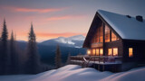 winter sunset in the mountains with large cabin