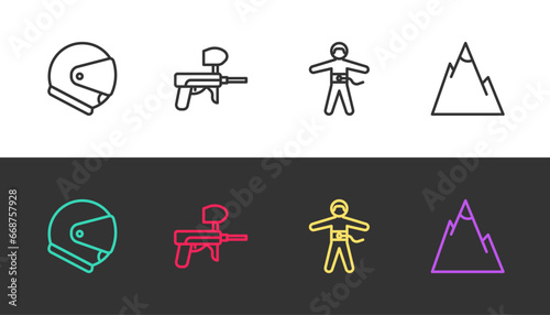 Set line Helmet, Paintball gun, Bungee jumping and Mountains on black and white. Vector