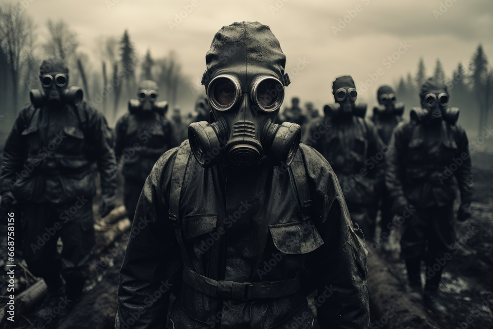 soldiers with gas masks in radioactive zone - obrazy, fototapety, plakaty 